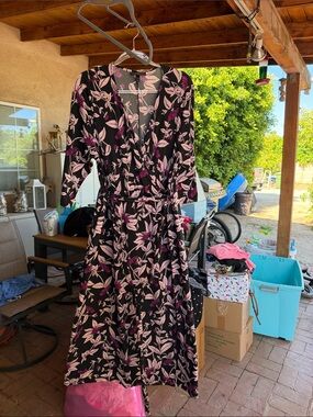 Lane Bryant Black Floral Wrap Midi Dress with Pink Leaves
